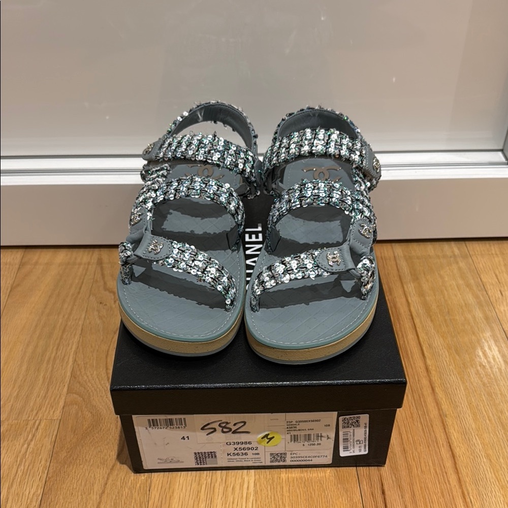 Chanel Blue Sequin Sandals brand new in box with dust bag size EUR 41